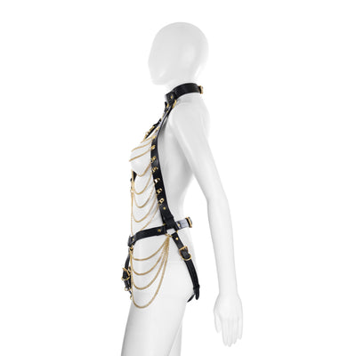 Soft PU Leather Body Harness in Black with Gold Chains by Fetish Pleasure Play - One Size