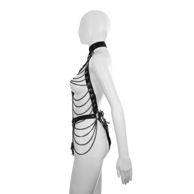Soft PU Leather Body Harness in Black with Gunmetal Chains by Fetish Pleasure Play - One Size