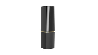 A sleek, modern lipstick tube in a glossy black finish with a thin gold metallic band around the middle, set against a plain white background.