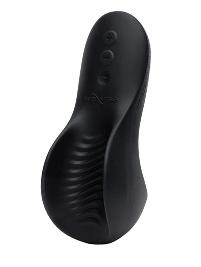 Black personal massager with a curved ergonomic design, textured lower section, and three control buttons on the upper back, shown on a light gray background.