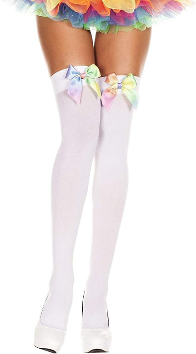 White Opaque Rainbow Satin Bow Thigh High Stockings One Size