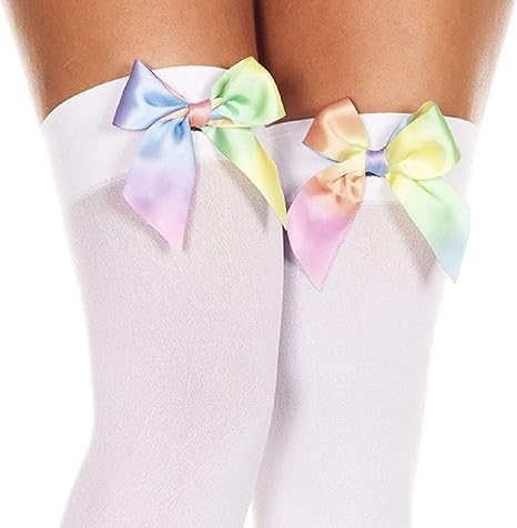 White Opaque Rainbow Satin Bow Thigh High Stockings One Size