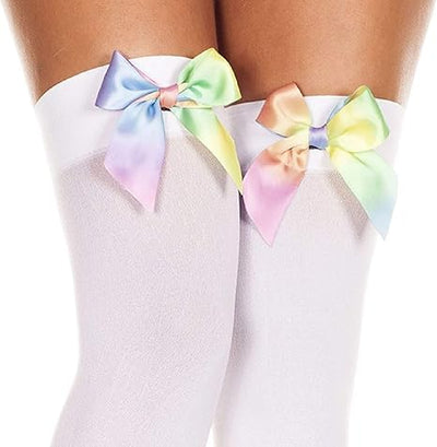 White Opaque Rainbow Satin Bow Thigh High Stockings One Size