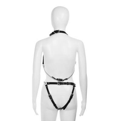 Cutout Heart Silver Chain 2-Piece Body Harness in Black by Fetish Pleasure Play - One Size