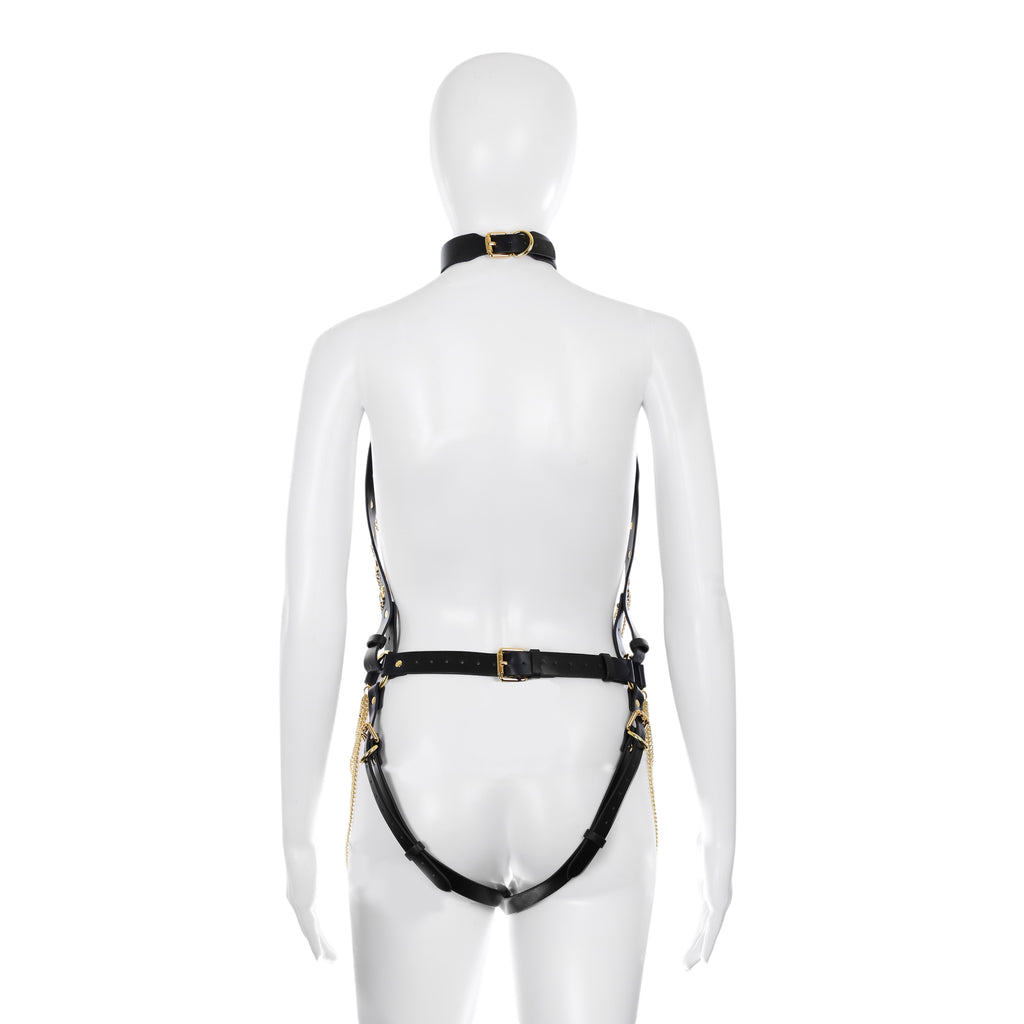 Soft PU Leather Body Harness in Black with Gold Chains by Fetish Pleasure Play - One Size