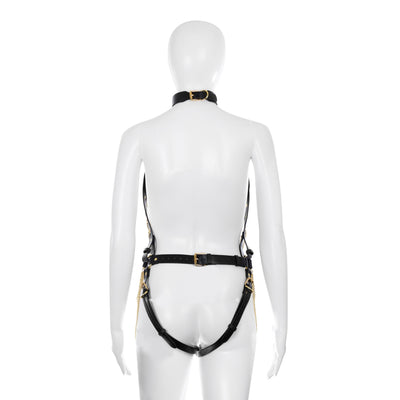 Soft PU Leather Body Harness in Black with Gold Chains by Fetish Pleasure Play - One Size
