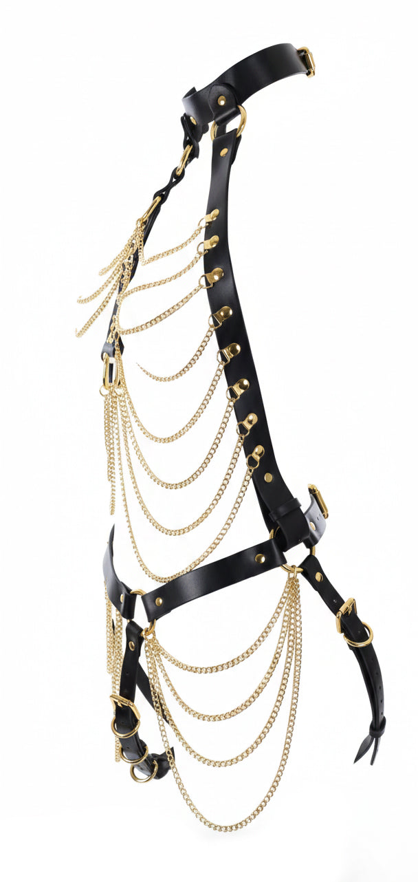 Soft PU Leather Body Harness in Black with Gold Chains by Fetish Pleasure Play - One Size