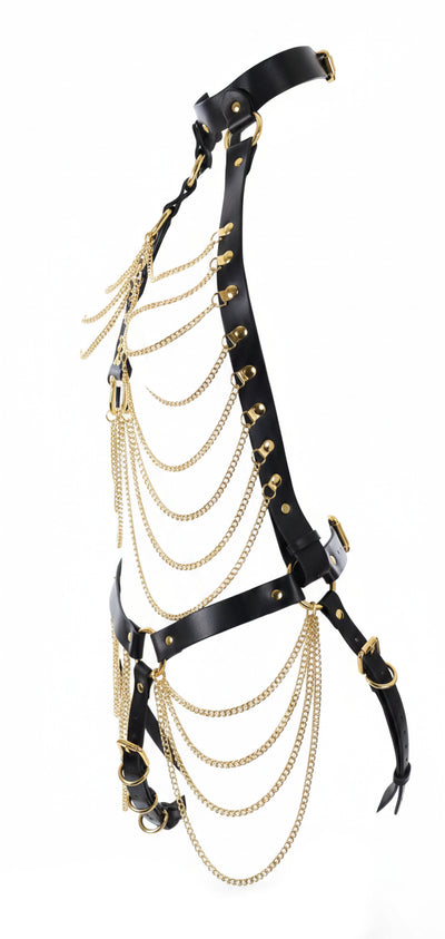 Soft PU Leather Body Harness in Black with Gold Chains by Fetish Pleasure Play - One Size