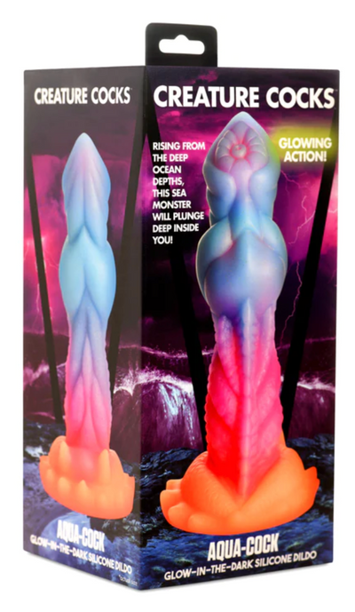 Creature Cocks, Aqua-Cock, Glow in the dark dildo, fantasy dildos, dildo, fantasy sexy toys, mythical sexy toys, mythical dildos, harness dildo, suction cup dildo, female sex toy, adult fantasy play