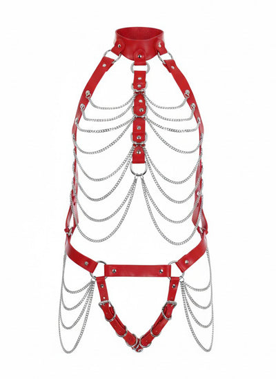 Full Body Harness with Silver Chains in Red PU Leather by Fetish Pleasure Play - One Size