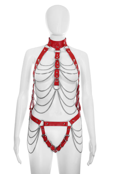 Full Body Harness with Silver Chains in Red PU Leather by Fetish Pleasure Play - One Size
