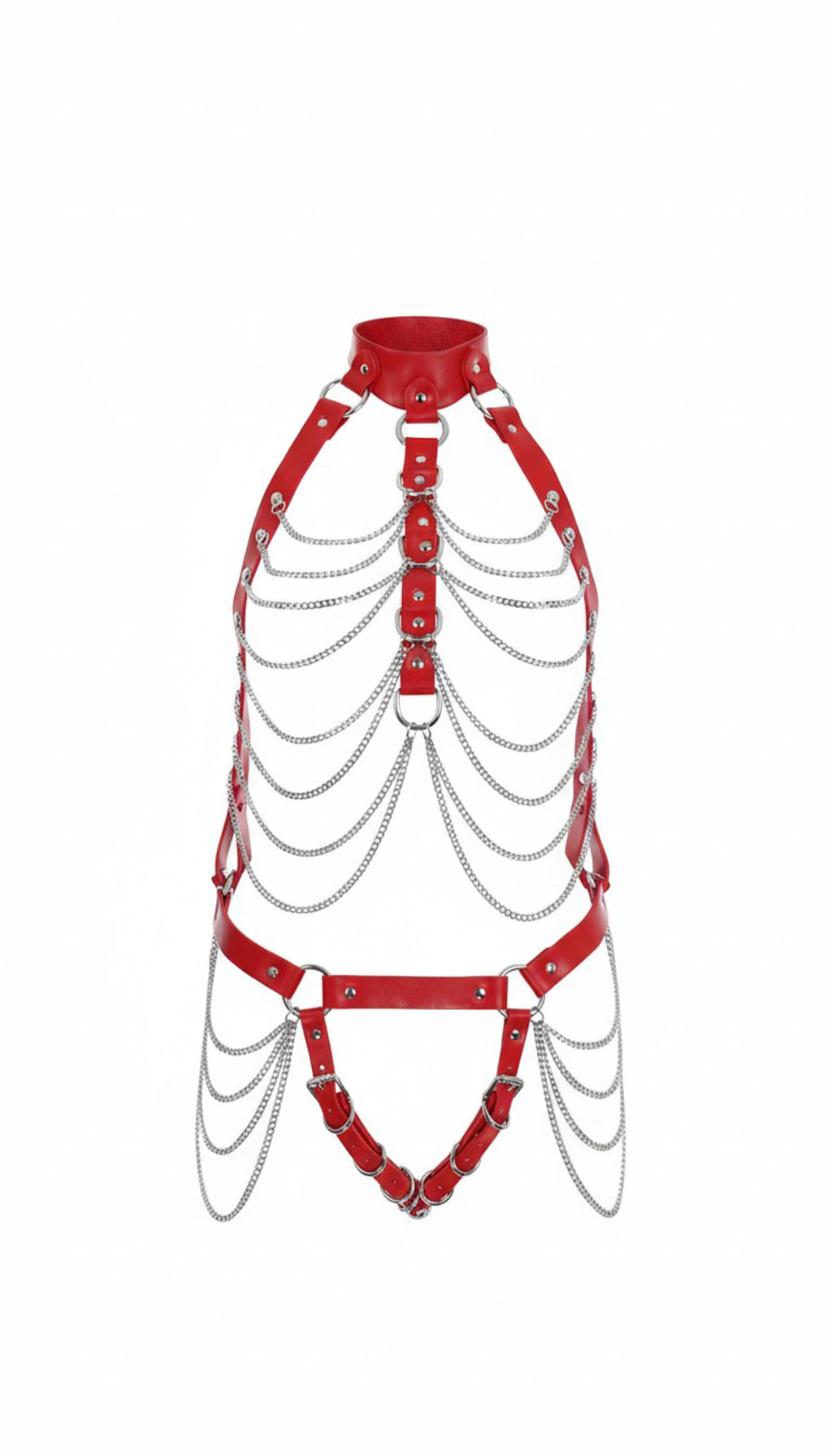 Full Body Harness with Silver Chains in Red PU Leather by Fetish Pleasure Play - One Size