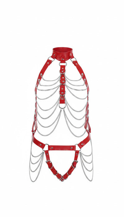Full Body Harness with Silver Chains in Red PU Leather by Fetish Pleasure Play - One Size