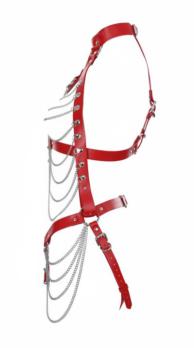 Full Body Harness with Silver Chains in Red PU Leather by Fetish Pleasure Play - One Size