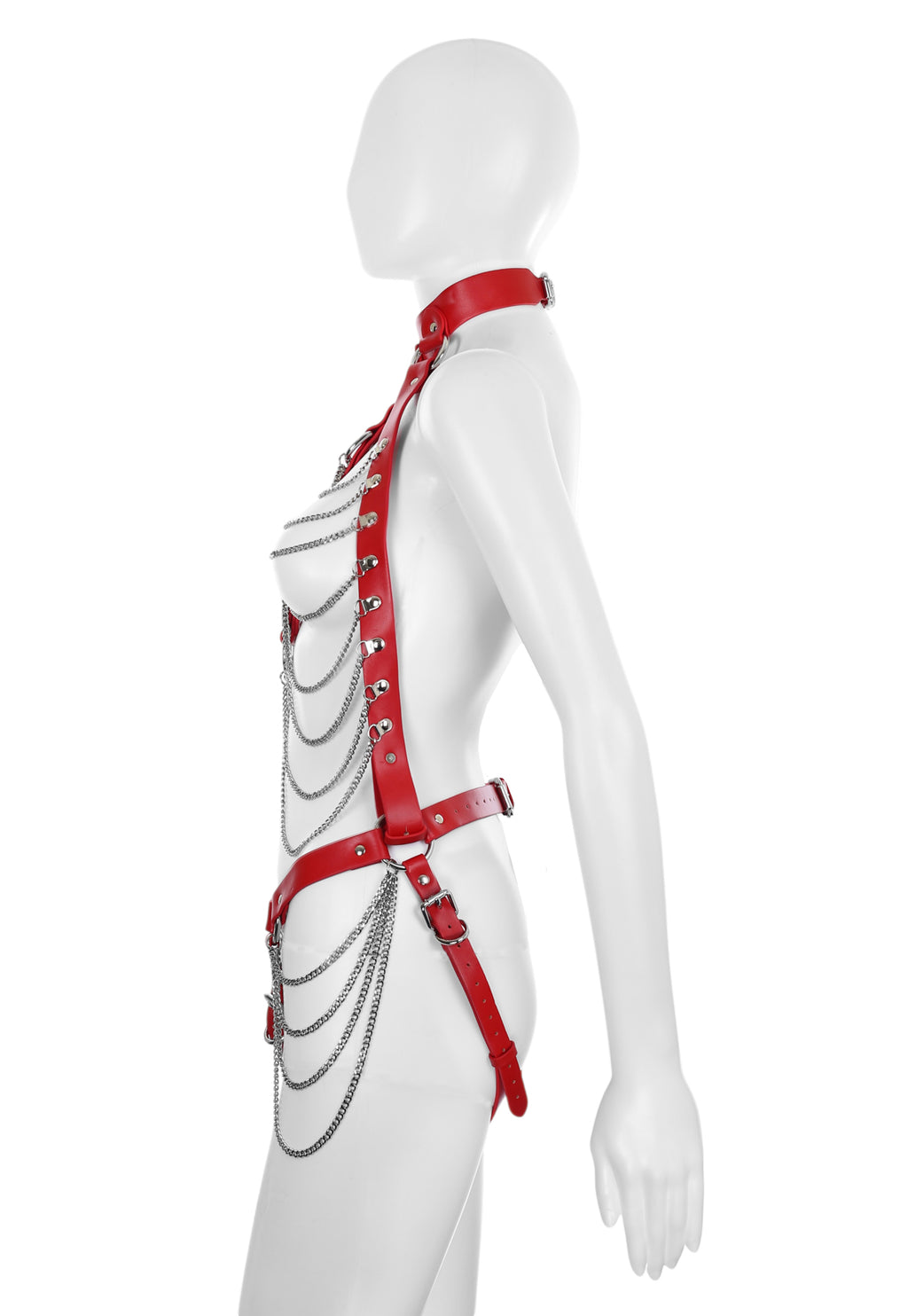 Full Body Harness with Silver Chains in Red PU Leather by Fetish Pleasure Play - One Size