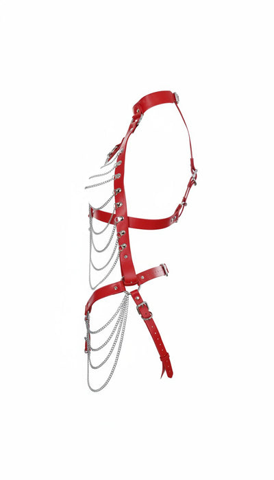 Full Body Harness with Silver Chains in Red PU Leather by Fetish Pleasure Play - One Size