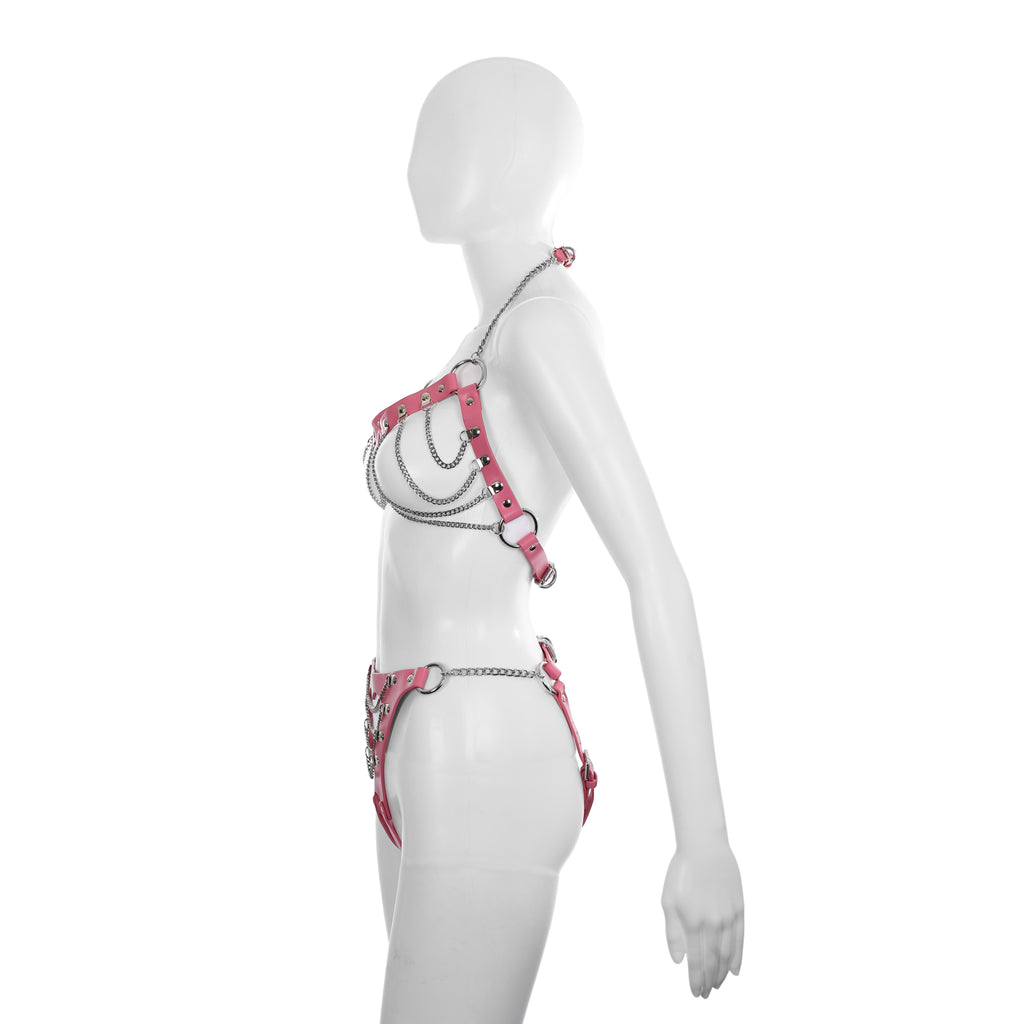 Cutout Heart Silver Chain 2-Piece Body Harness in Pink by Fetish Pleasure Play - One Size