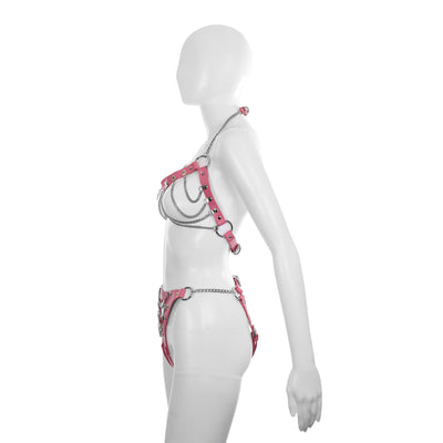 Cutout Heart Silver Chain 2-Piece Body Harness in Pink by Fetish Pleasure Play - One Size