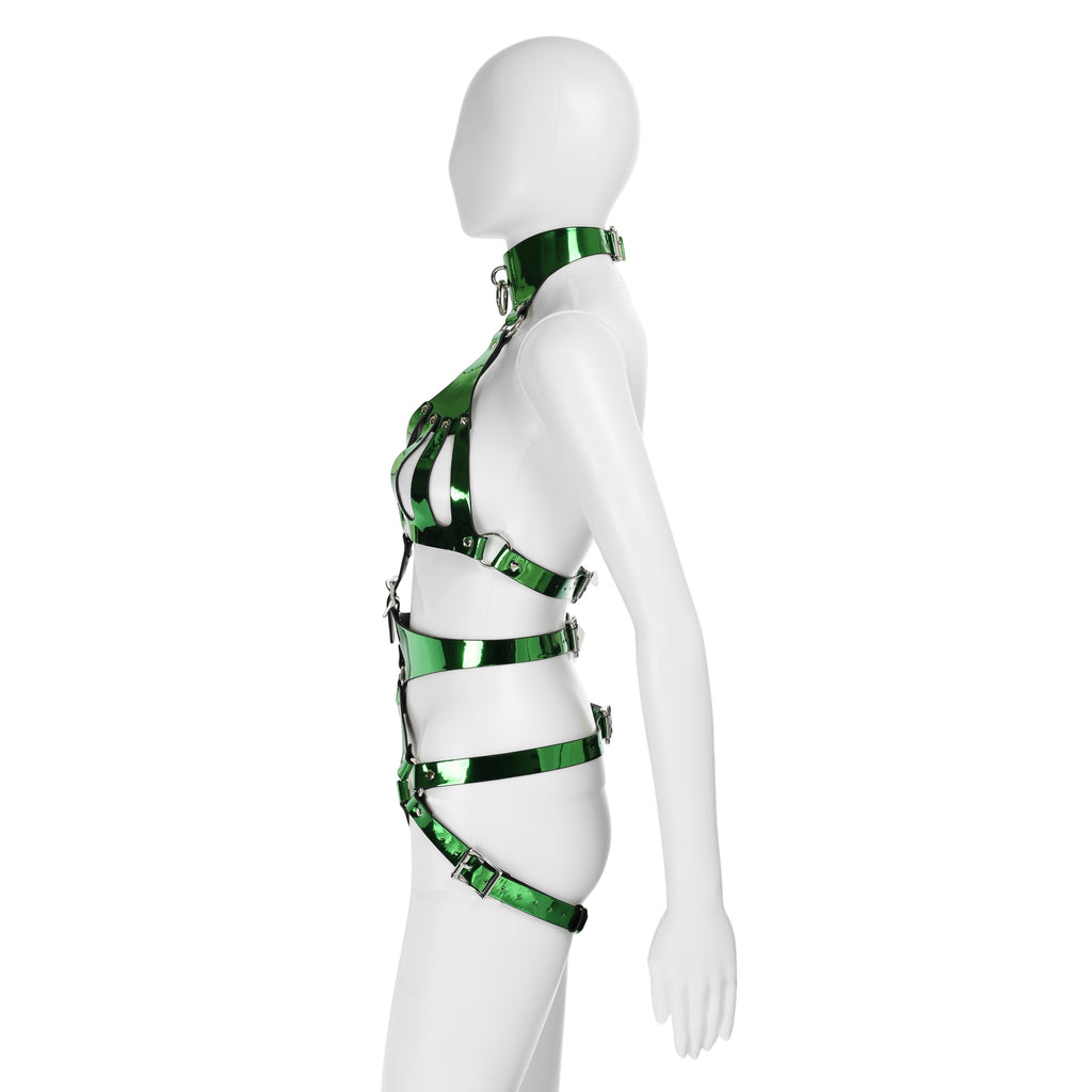 Metallic Green Vegan Leather 2 Piece Body Harness by Fetish Pleasure Play - One Size