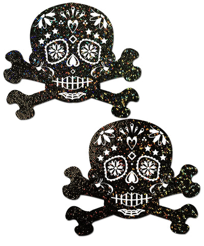 Candy Skull & Crossbones Pasties - Black Glitter