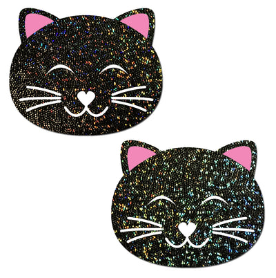 Happy Kitty Cat Pasties - Black Glitter