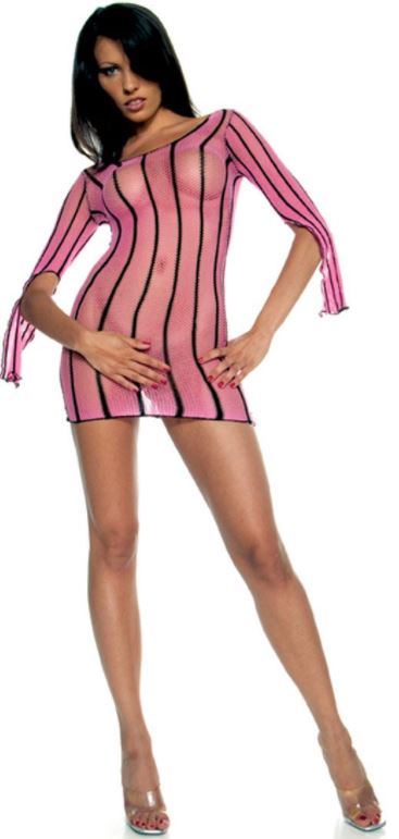 Striped Long Sleeve Fishnet Mini Dress